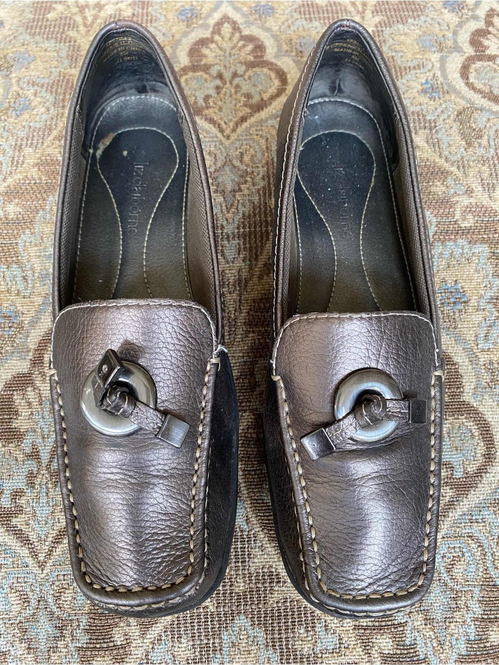 Liz Claiborne Pewter Metallic Leather Buckle Slip-On Loafer Flats Square Toe 8M